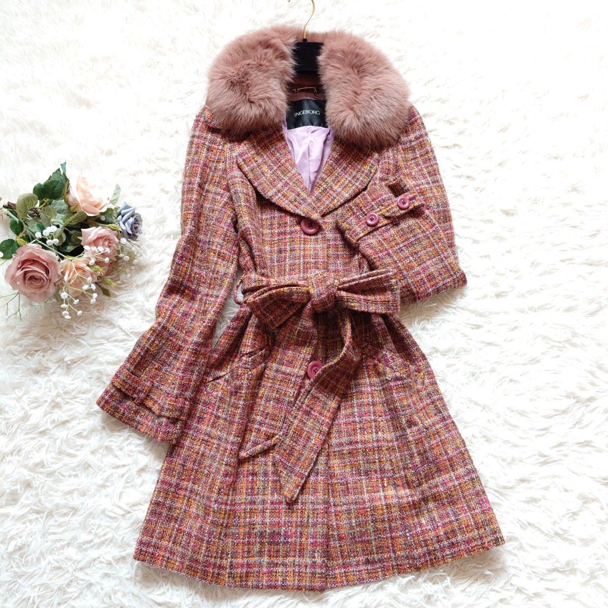 【美品】INGEBORG 蓝狐毛 粗花呢长款大衣 马海毛 羊驼毛 腰带 纽扣logo M Pink House