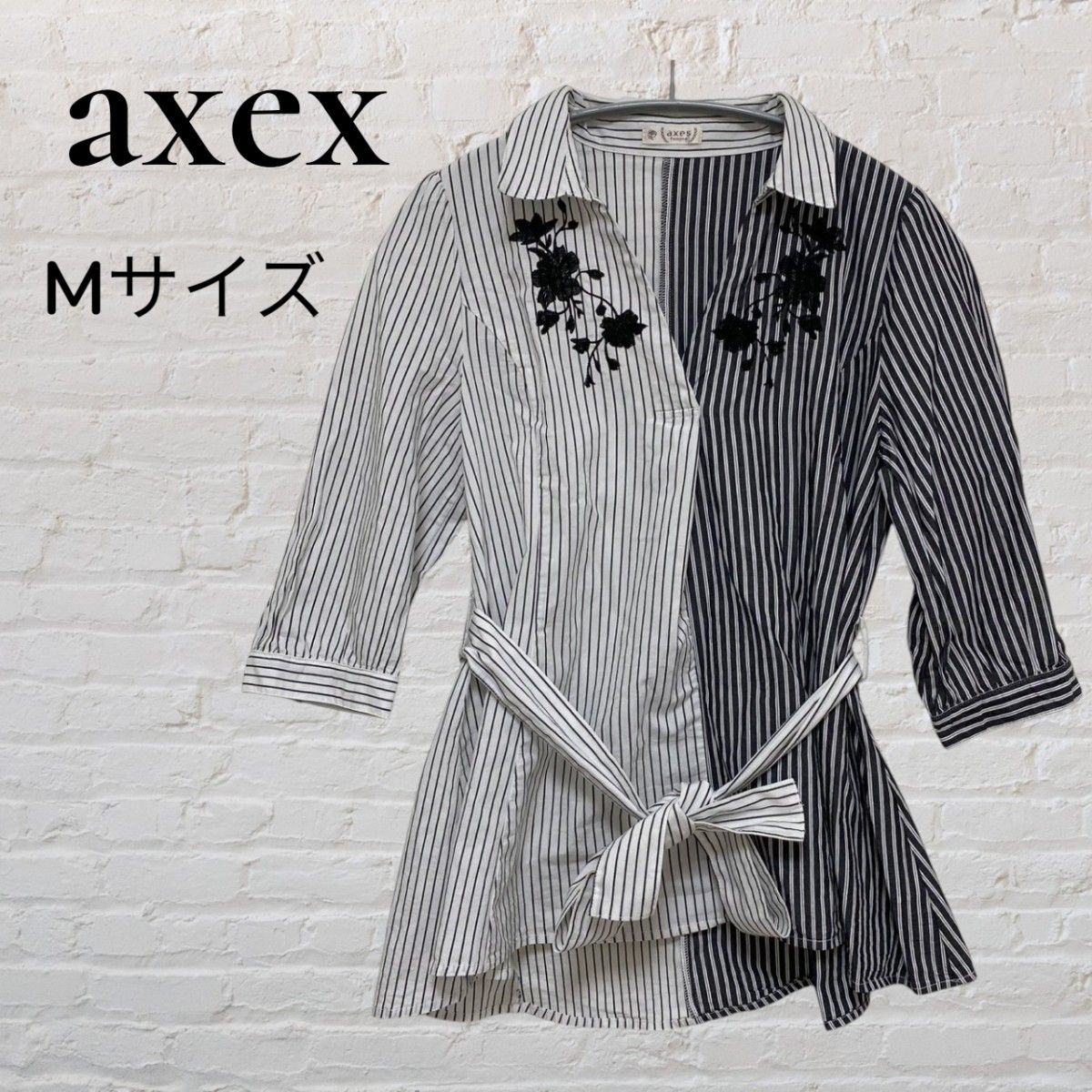 axes femme アクシーズファム 衬衫 M码 条纹 花卉刺绣 五分袖 腰部系带 100%棉 女士