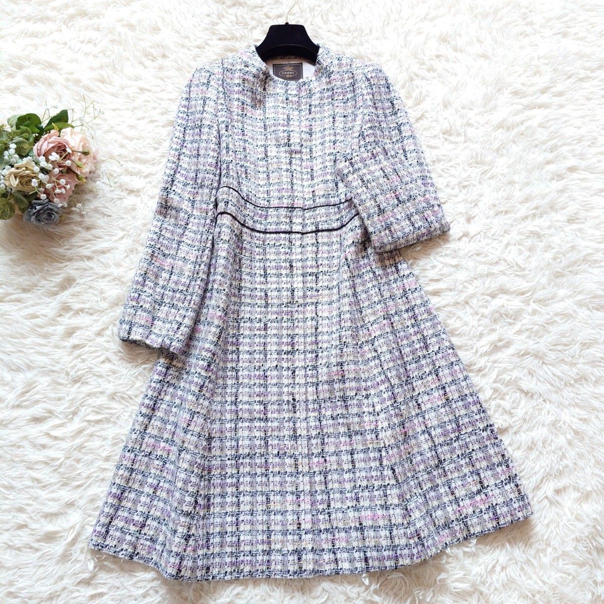 【美品】TOCCA 混纺粗花呢无领长外套 滚边 A字摆 喇叭形 紫色×粉色系 尺码0
