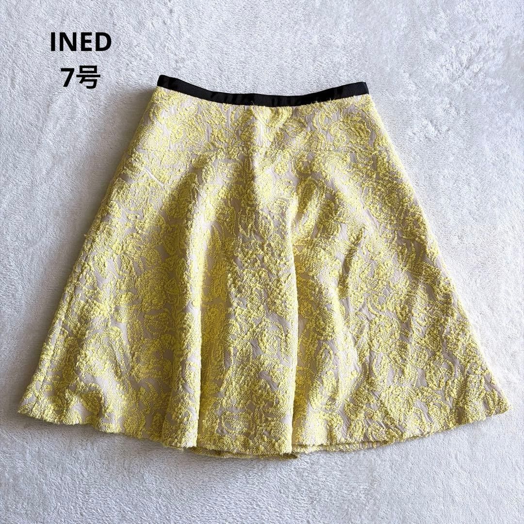 INED 花卉图案提花喇叭裙 罗缎面料 黄色 7号 日本制造